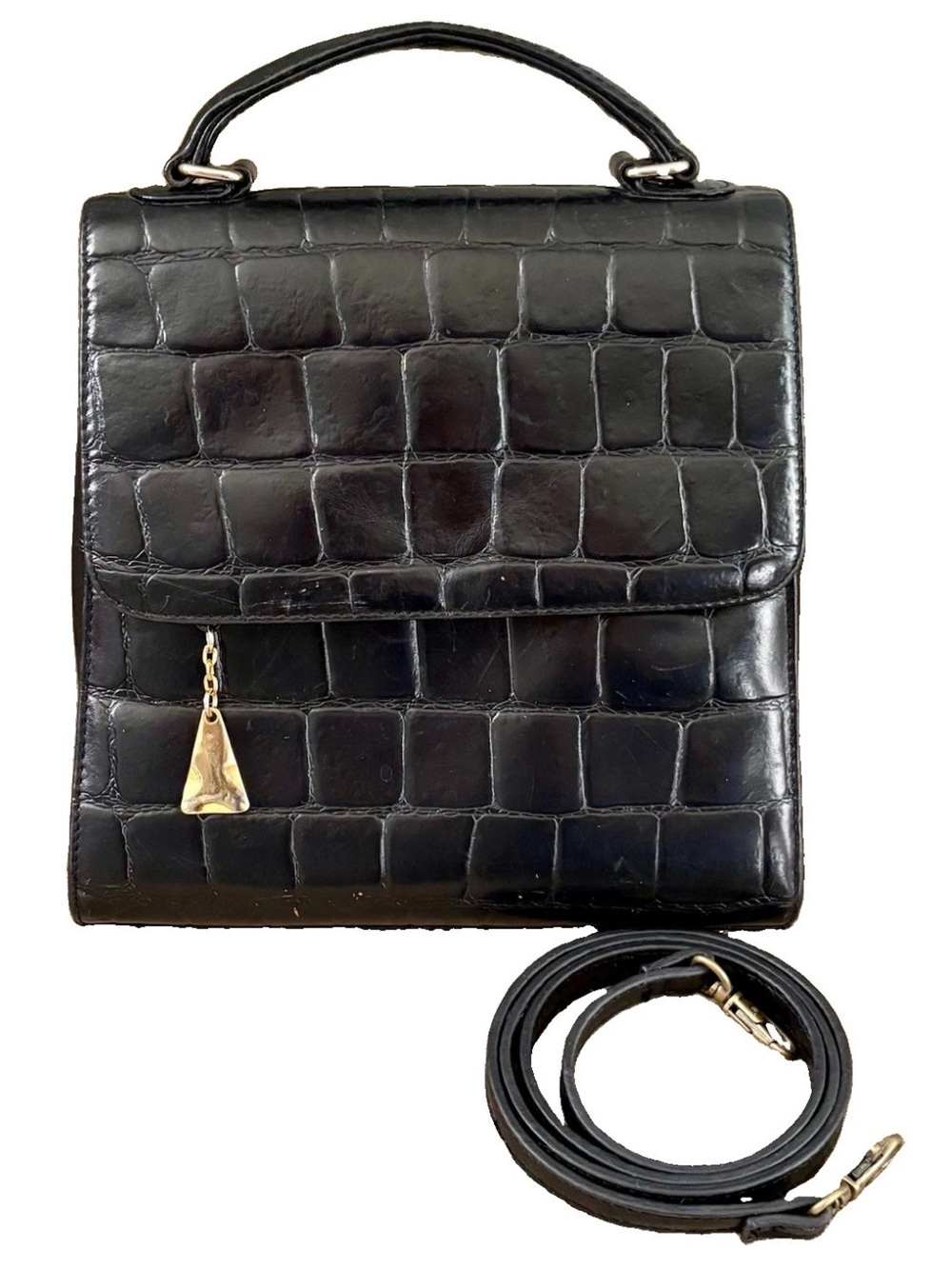 Vtg 90s Andrea Viccaro Black  Croc-Embossed Leather Satchel Purse Top-Handle Bag